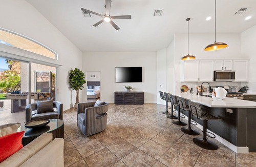 Desert Hot Springs House | NEW! Mountain Views, Saltwater Pool&Spa, Firepit and Outdoor BBQ and bar area