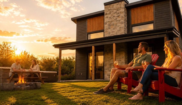 Modern Riverfront Spa firepit 8 min Lac Simon